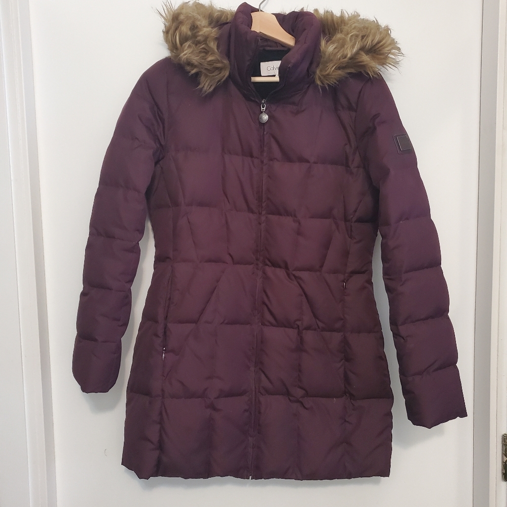 Calvin Klein Small Duck Down Coat Purple Burgundy Puffer Winter Jacket Faux Fur